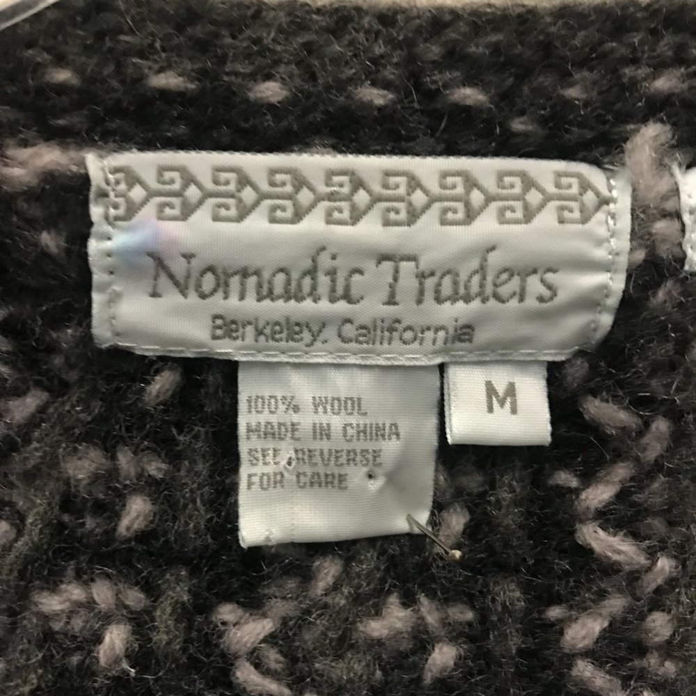 NOMADIC TRADERS Womens M Black Wool Fair Isle Zip Cardigan Sweater By Hand - Picture 3 of 11